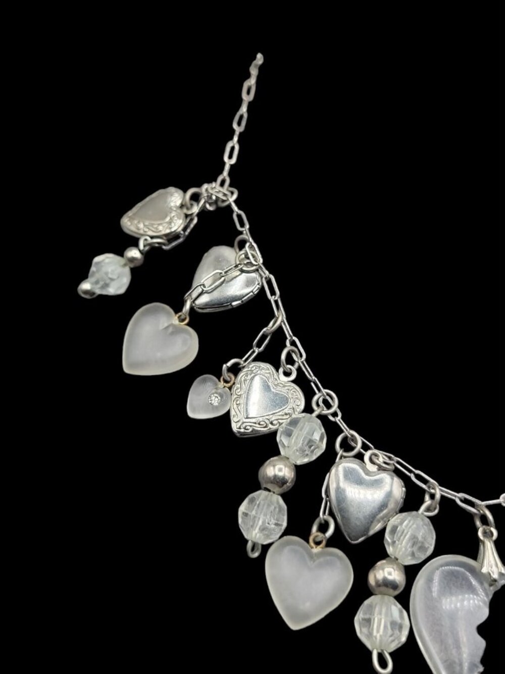 Love Choker Necklace 16" Frost Glass 8 Silver Plated Double Photo Locket Charms - Picture 13 of 15